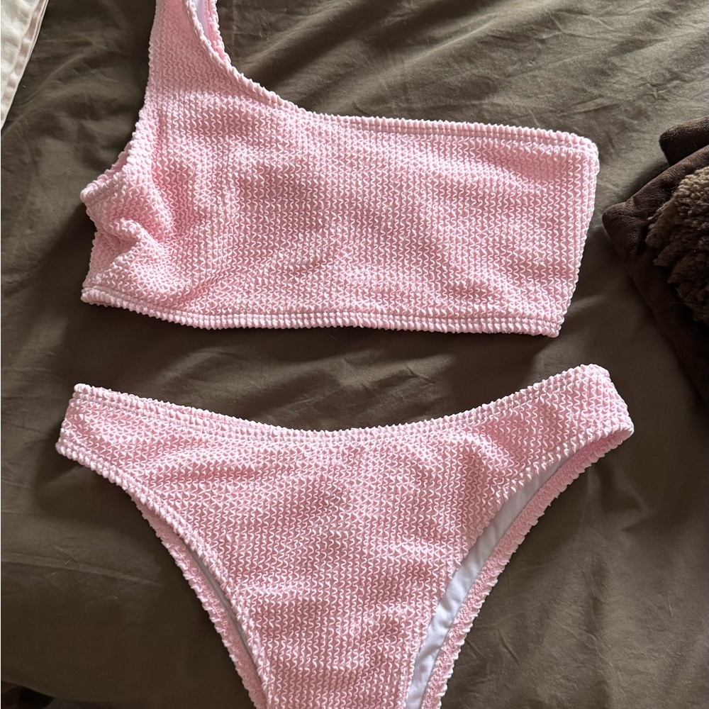 Pink Textured One-Shoulder Bikini Set